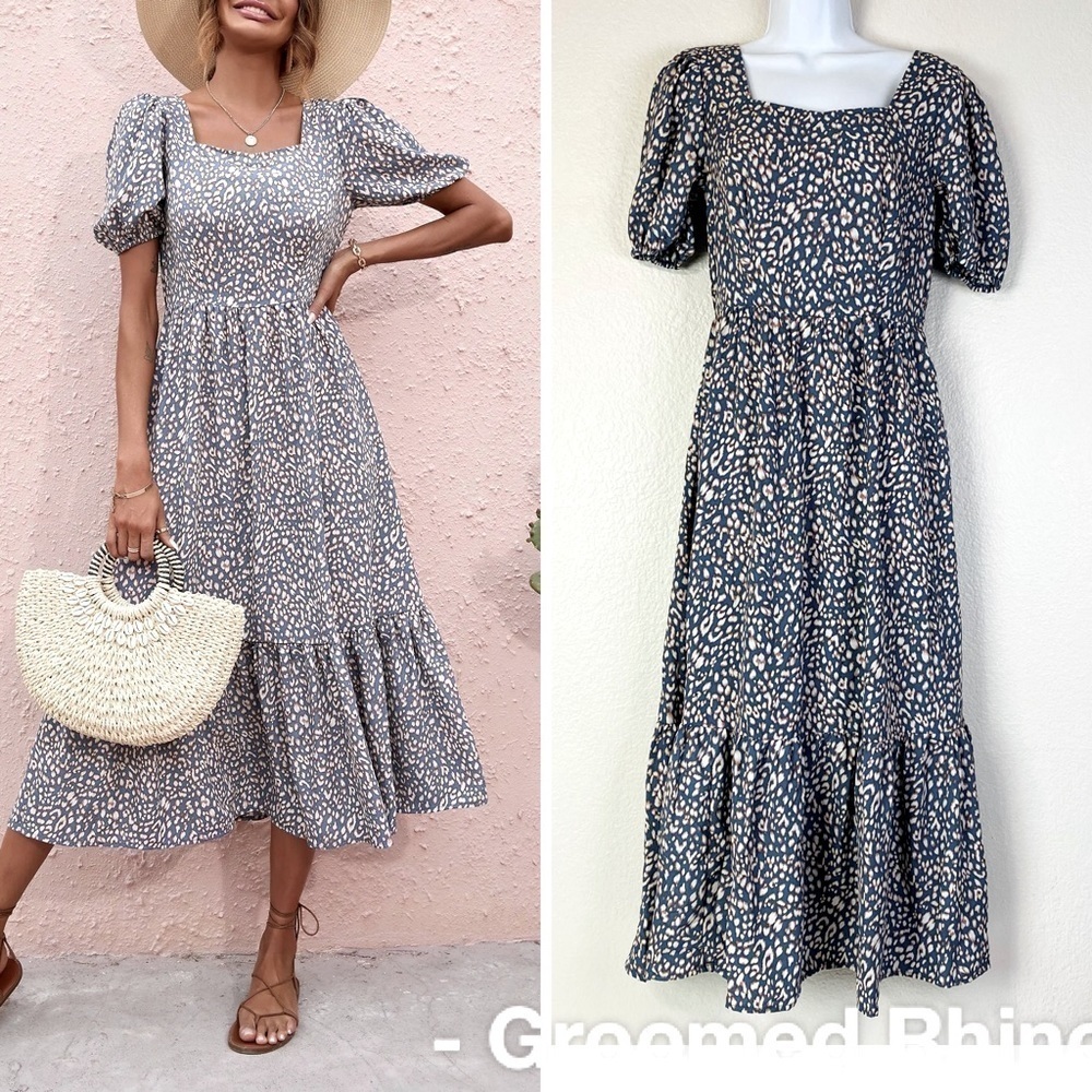 Pretty Garden Leopard Print Square Neck Puff Sleeve Dress Size S